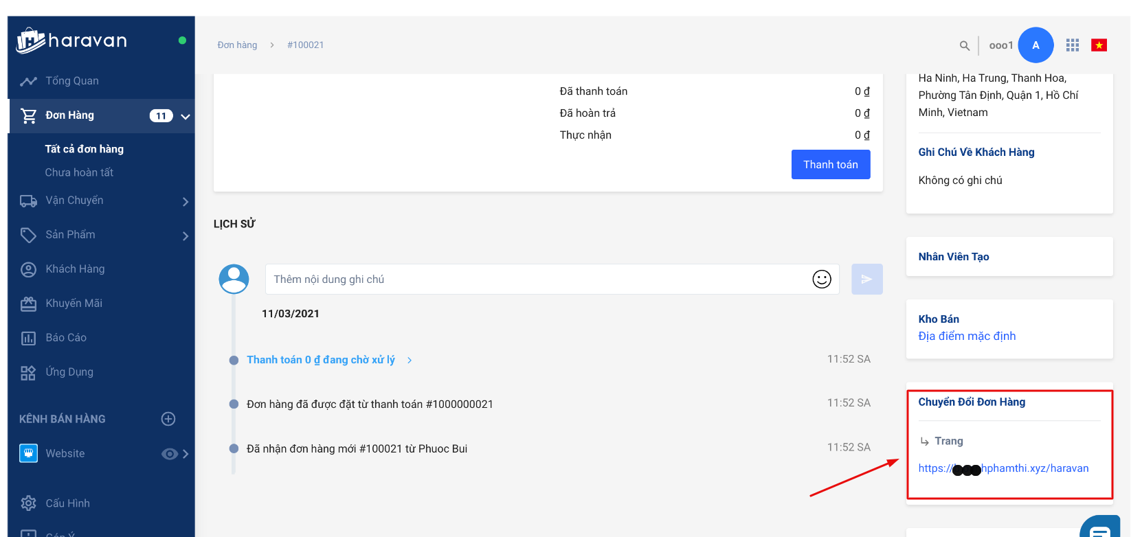Mục Chuyển đổi đơn hàng, là phần đường dẫn khách hàng đăng ký form