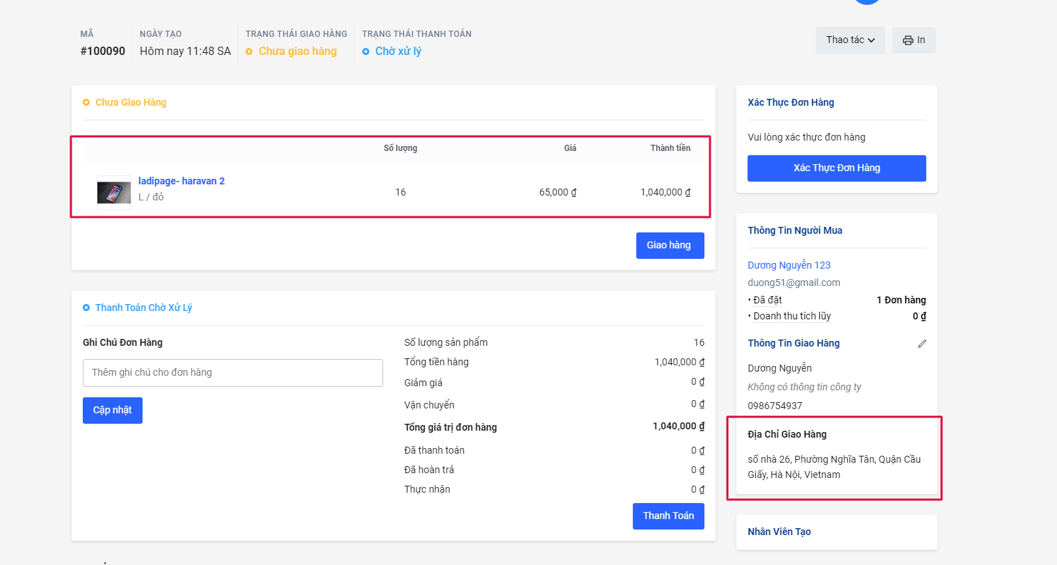 Thông tin đơn hàng chi tiết bên Haravan 