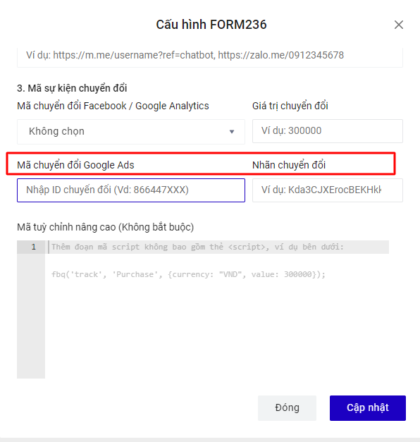 Nhập ID chuyển đổi và nhãn chuyển đổi 