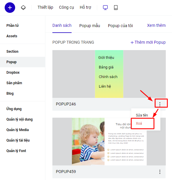 Xóa từ phần danh sách popup