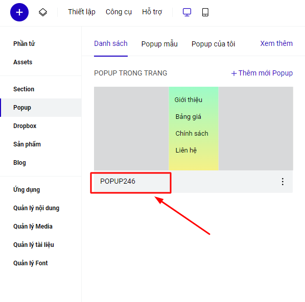 Xem từ phần danh sách popup 