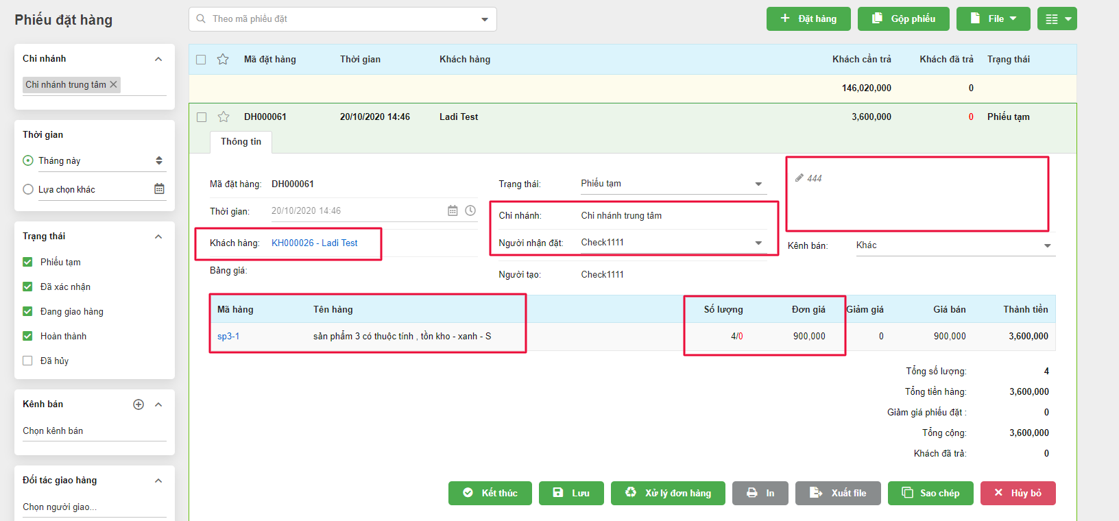 Thông tin đơn hàng trong KiotViet