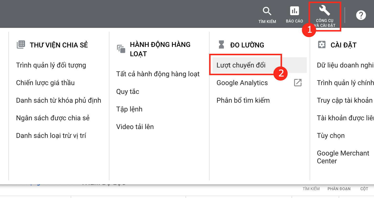 Vào phần &quot;Công cụ và cài �đặt&quot; rồi chọn phần &quot;Lượt chuyển đổi&quot;